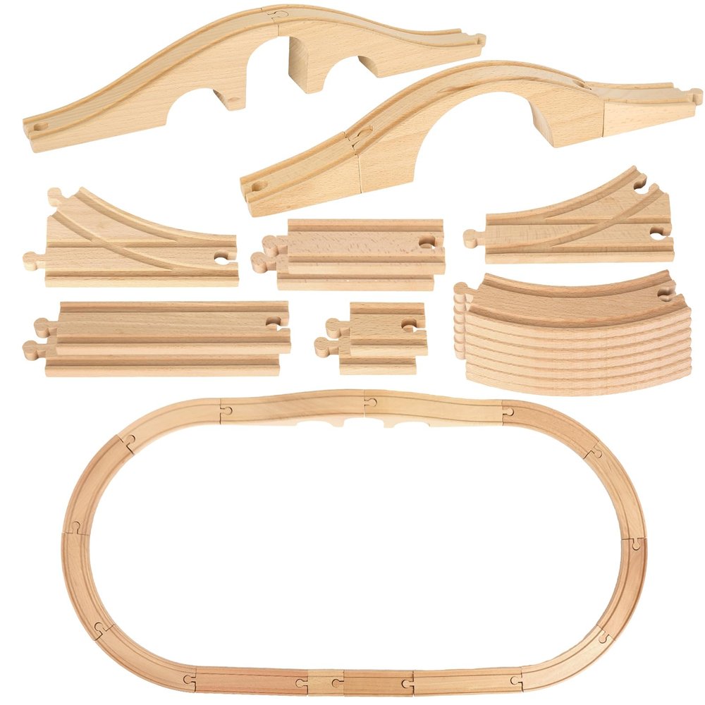 JarThenaAMCS 24Pcs Wood Train Track Expansion Set - Wooden Train Track Connectors & Adapters - Train Bridges & Straight Tracks - Accessories for Most Major Toy Trains - Railway
