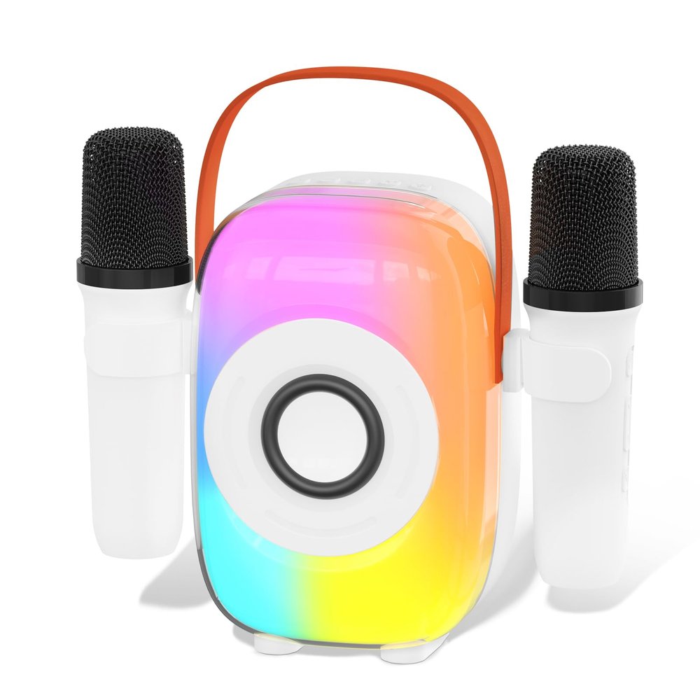 Kids Karaoke Machine, Bluetooth Mini Portable Karaoke Machine, with 2 Wireless Microphone and Speaker, Toys for All Smartphones, Birthday, Family, Home Party (White)