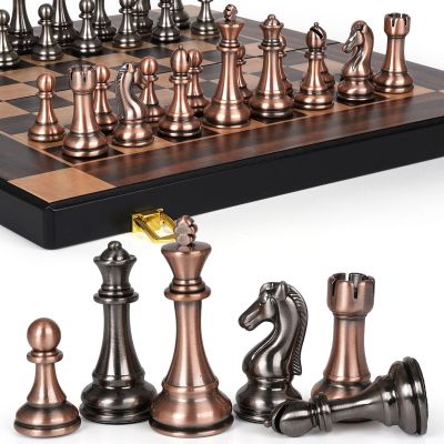 15-Inch Large Metal Chess Set for Adults and Kids with Metal Chess Pieces  Foldable Wooden Board with Storage, Portable Classic Game Set for Travel & Home, Elegant Gift for Chess Enthusiasts