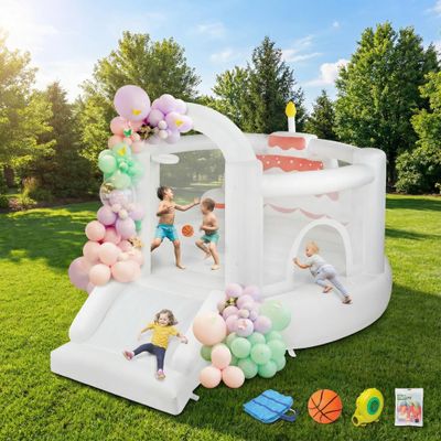 (2026 New) JOYMOR Bounce House for Kids (12FTx10FTx7.2FT) with Slide, Balloons, Spacious Bouncer, White Bounce House for Kids Birthday Party w/Blower 30s Set-up, Portable Bag (Cake)
