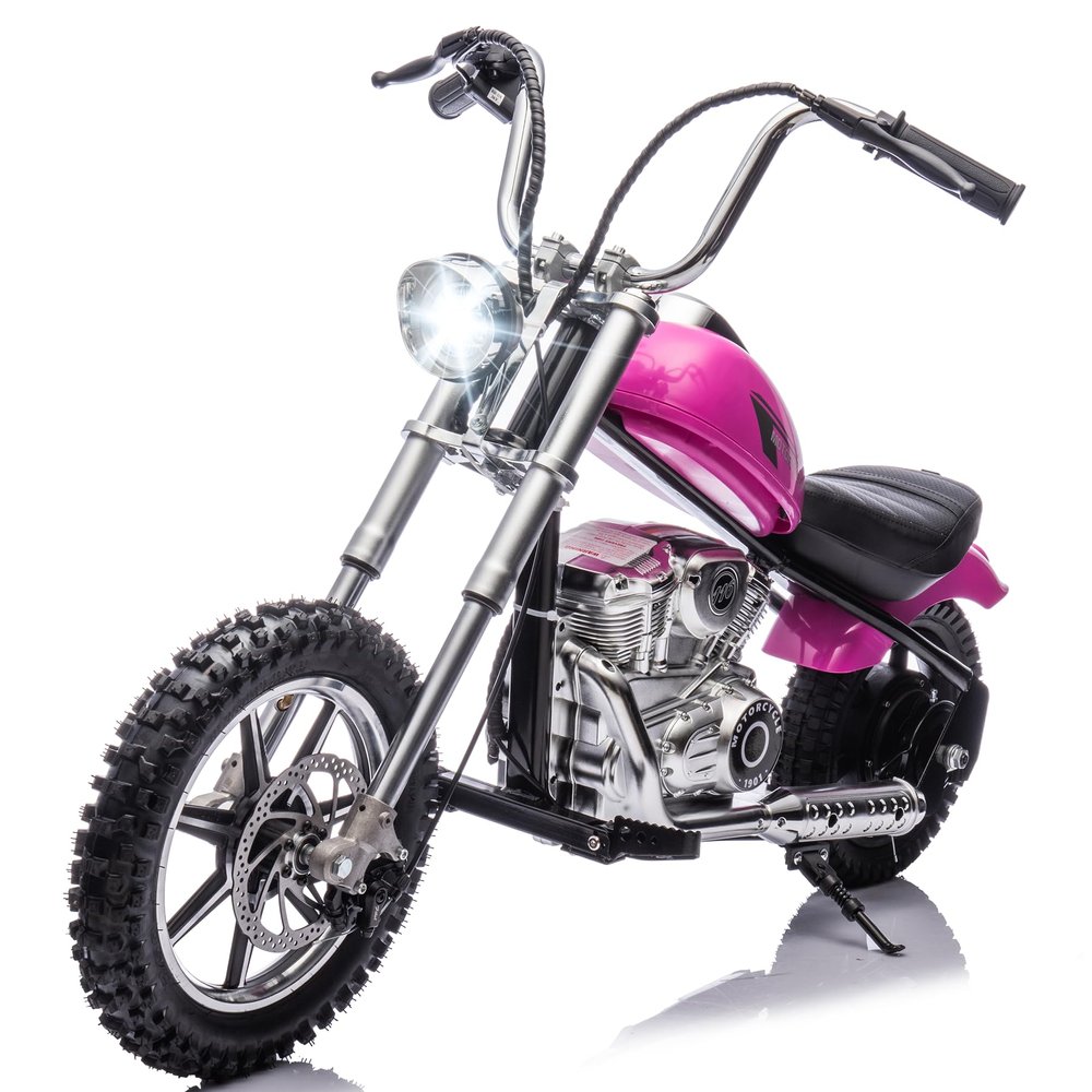 NEECHIPRO 36V 7.5AH Electric Motorcycle for Kids, 350W Strong Motor 14MPH Fast Speed Electric Retro Off-Road Motorcycle, Leather Seat Dirt Bike, LED Lights, Air-Filled Tires, Silver Pink