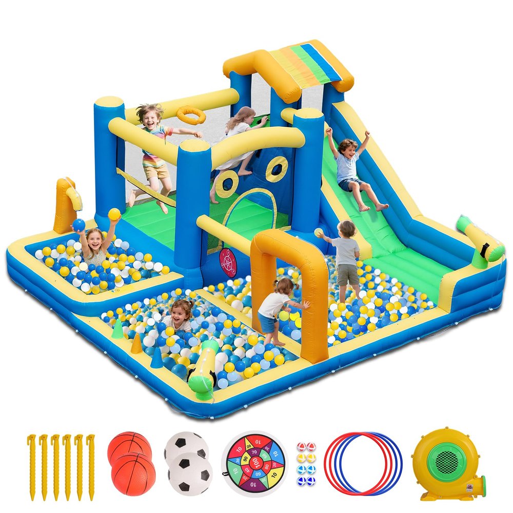 Bounce House Water Slide, 10 in 1 Inflatable Water Slide for Kids, Water Park with Blower, Water Gun, Jumping, Circle,Climbing Wall, Basketball Hoop, Blow Up Water Slides Backyard Outdoor Indoor