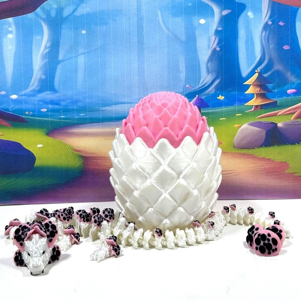 3D Printed Dragon with Dragon Egg, 12 Inches White and Pink Mushroom Fidget Dragon Toy, Fidget ADHD Autism Toy, Executive Desk Toy D077-WPE