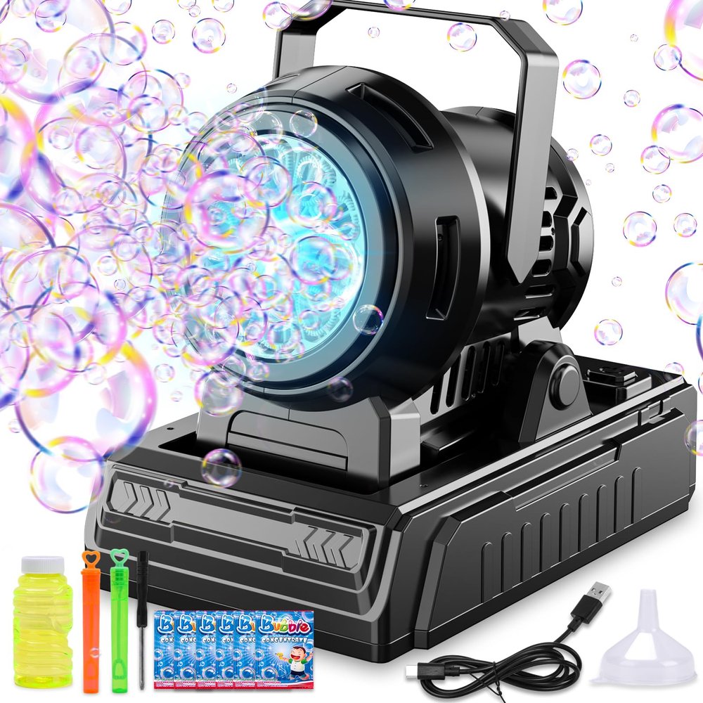 SHCKE Automatic Bubble Machine 10 Holes Bubble Blower,45 Adjustable,Dual Power USB-C or 4 AA Batteries,Top-Fill Portable Bubble Maker for Outdoor Birthday Party Pool Wedding Camping