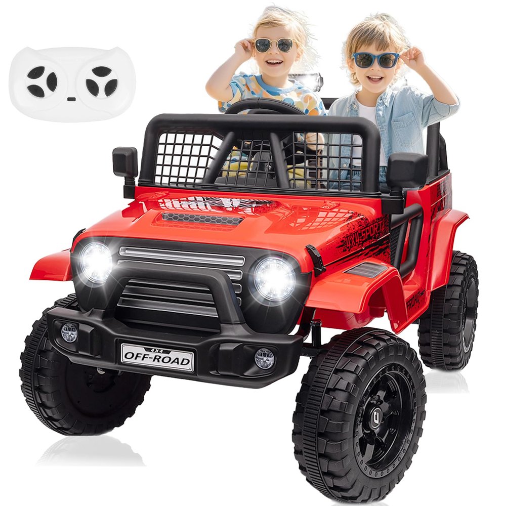 24V Ride On Jeep, Kids 2 Seater Ride On Car Truck w/4WD Motor, Remote Control, 3 Speed, Bluetooth Music, Spring Suspension, LED Light, Kids Electric Car Power Wheels Gift for Boys, Girls - Deep Red