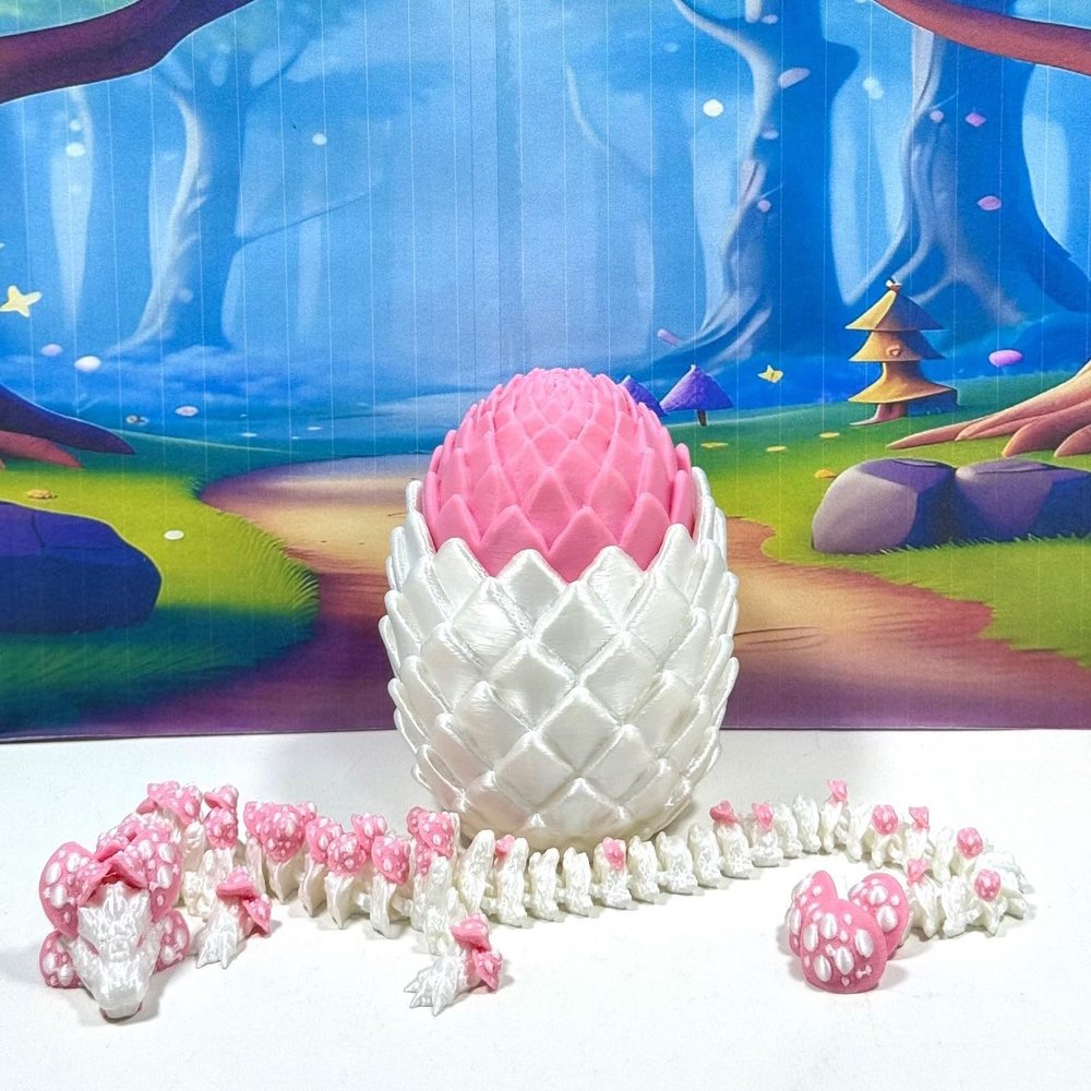 3D Printed Dragon with Dragon Egg, 12 Inches White and Pink Mushroom Fidget Dragon Toy, Fidget ADHD Autism Toy, Executive Desk Toy D076-WPE