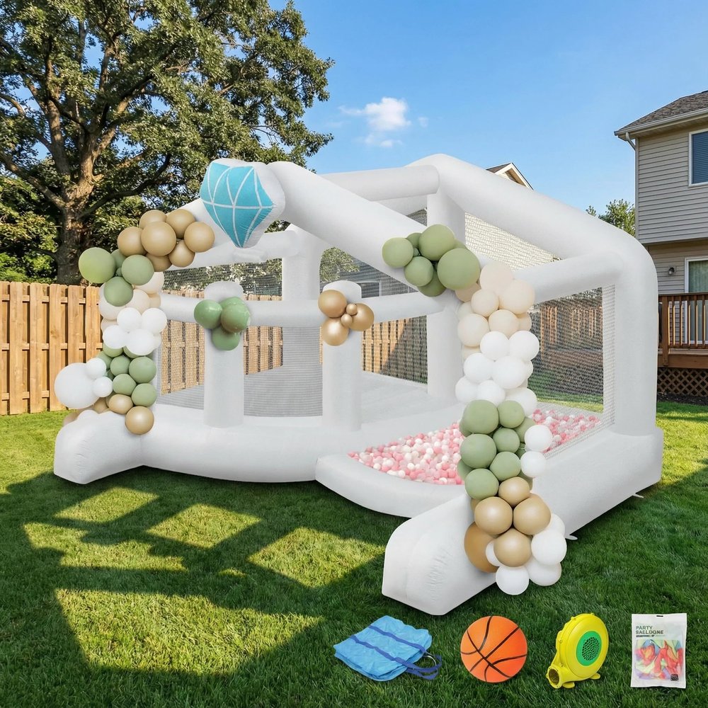 (2025 New) JOYMOR Giant Bounce House (13x10x8FT) w/Balloons for Outdoor Party, White Bounce House with Ball Pit for Kids, Including Blower, Portable Bag, 30s Set-up (Wedding)