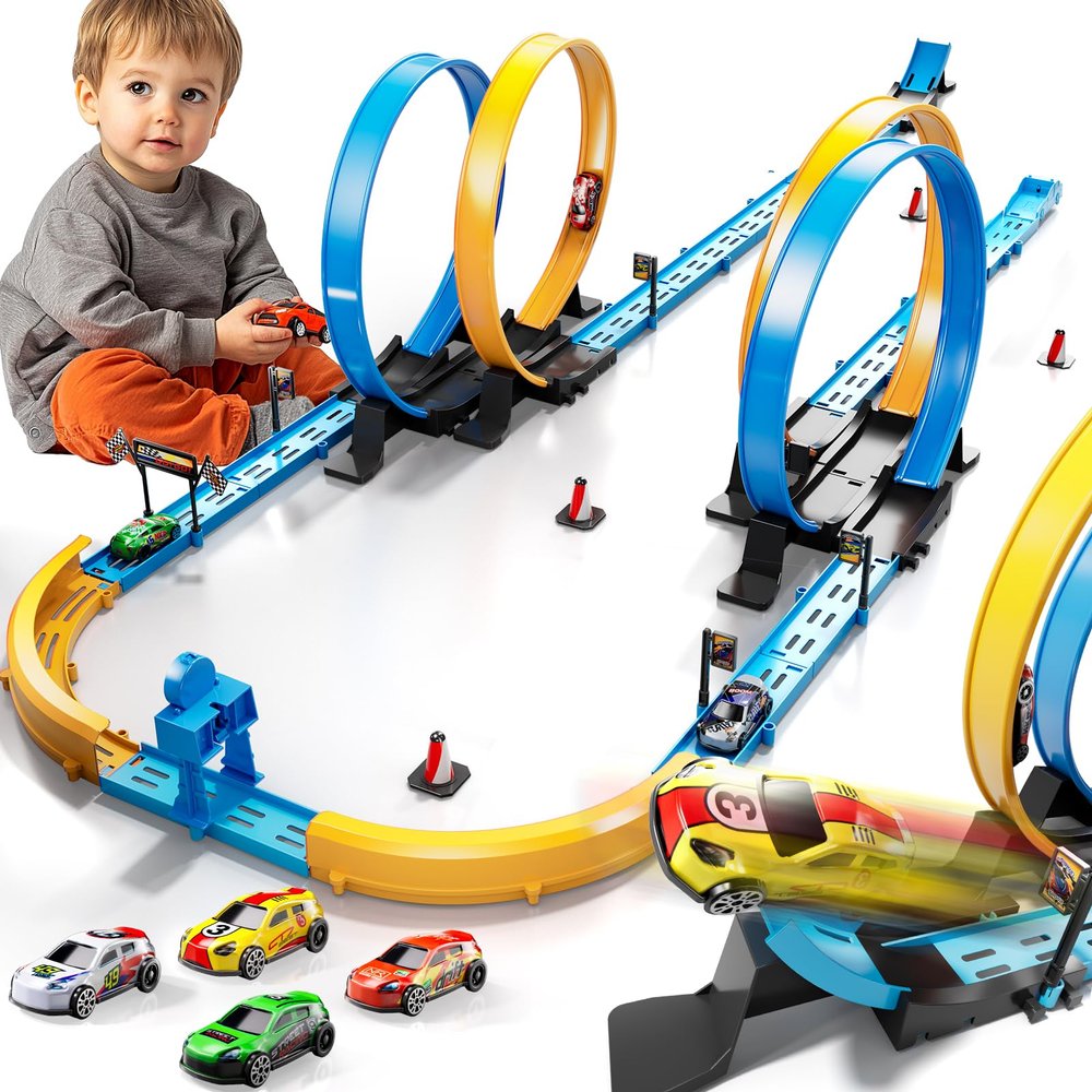 LILYBUDS Toy Car Track Gift Set for Boys Kids Age 3-5 4-7 8-12, Long Race Tracks with 4 Action Loops and 4 High-Speed Slot Die-Cast Race Cars, 35+ Pieces Race Tracks to Create Multiple Configurations