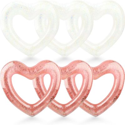 6 Pack Inflatable Glitter Heart Pool Float Blow up Heart Shaped Swimming Tube for Adults Bachelorette Party Summer Beach Party Toys (Rose Gold,White)