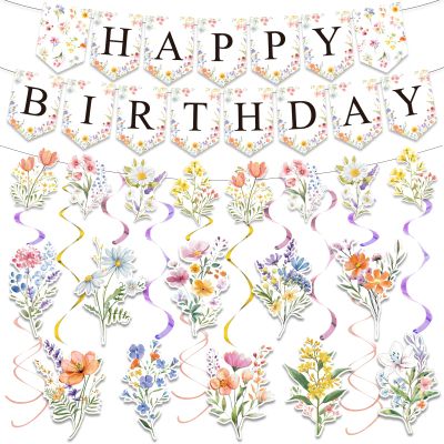 25Pcs Wildflower Birthday Decorations for Girl, Flower Birthday Decorations Floral Party Decorations with Happy Birthday Banner Garland Hanging Swirls Wildflower Baby Shower Decorations for Women
