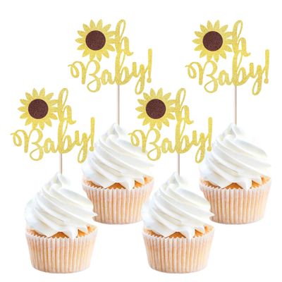 12 Pcs Sunflower Oh Baby Cake Toppers,Gold Glitter Oh Baby Sunflower Cake Toppers,for Flower Baby Shower Theme Kids Boys Girls Birthday Party Cake Decorations Supplies