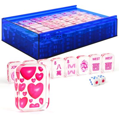 AzulHome Pink American Mahjong Set, 166 Premium Acrylic Tiles with Love Heart Prints (1.18") with Blue Acrylic Case, 2 Dices Perfect Valentine's Day for Her, Mahjong Lovers (Pink)