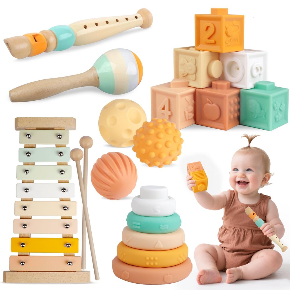 Baby Toys 6-12 Months Montessori Toys for Babies 6-12-18 Months,Wooden Stacking Building Blocks,Infant Teething Toys Sensory Balls,Xylophone Musical Toy,Birthday Gift for Toddlers 1+ Year Old (EU)