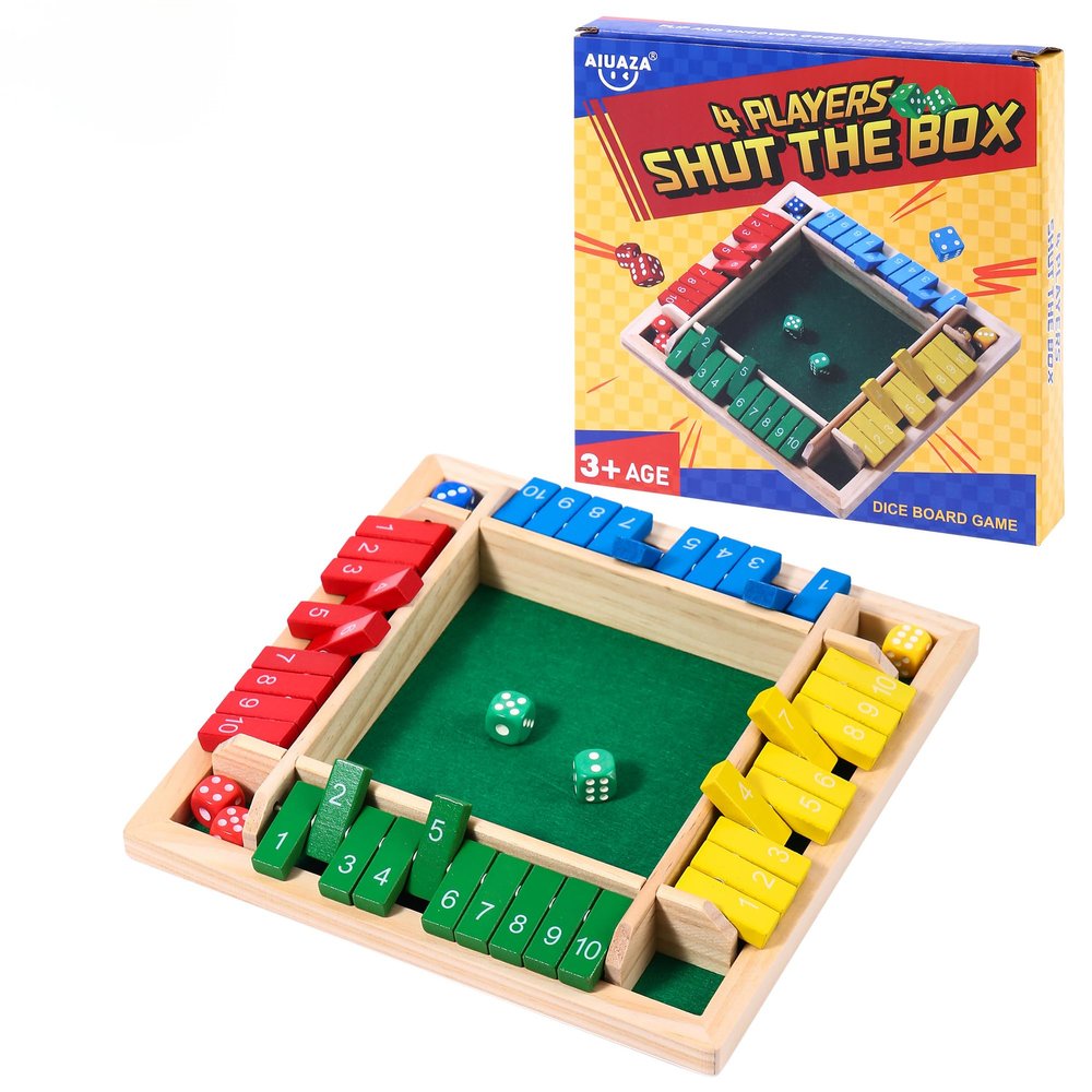 AIUAZA Dice Game Shut The Box Wooden Board Game,4 Sided Family Math Game for 2-4 Players,Educational Learning Interactive, Classics Tabletop Version Games for Classroom, Party, or Pub