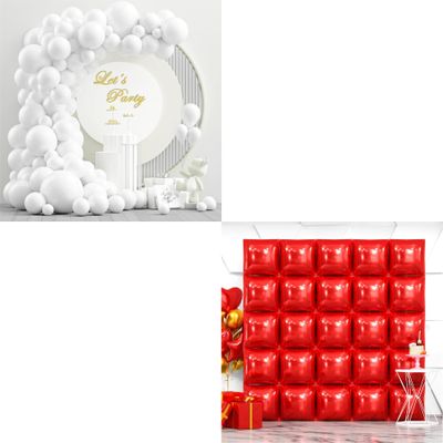 102PCS White Balloons and 25PCS Red Square Foil Balloons Wall Backdrop