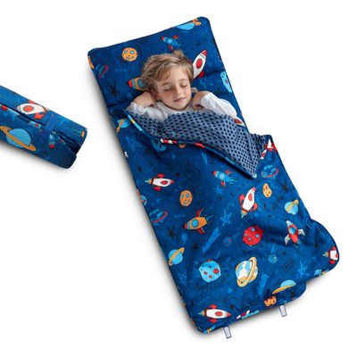 Arianaut Toddler Nap Mat with Pillow and Blanket, Kids Sleeping Bag Mat for Daycare & Preschool, Roll Up Portable Soft Nap Mat for Toddlers, Boys and Girls (Ages 2-7 Years) Rocket