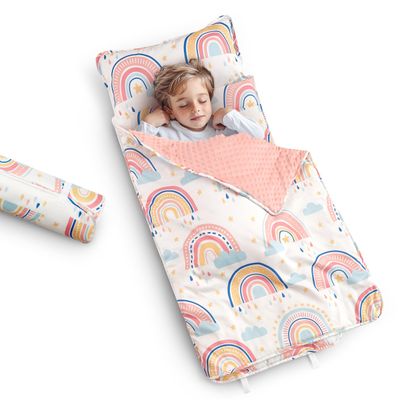 Arianaut Toddler Nap Mat with Pillow and Blanket, Kids Sleeping Bag Mat for Daycare & Preschool, Roll Up Portable Soft Nap Mat for Toddlers, Boys and Girls (Ages 2-7 Years) Rainbow