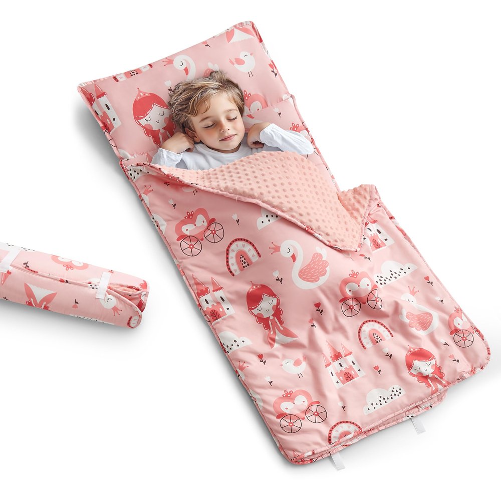Arianaut Toddler Nap Mat with Pillow and Blanket, Kids Sleeping Bag Mat for Daycare & Preschool, Roll Up Portable Soft Nap Mat for Toddlers, Boys and Girls (Ages 2-7 Years) Princesses