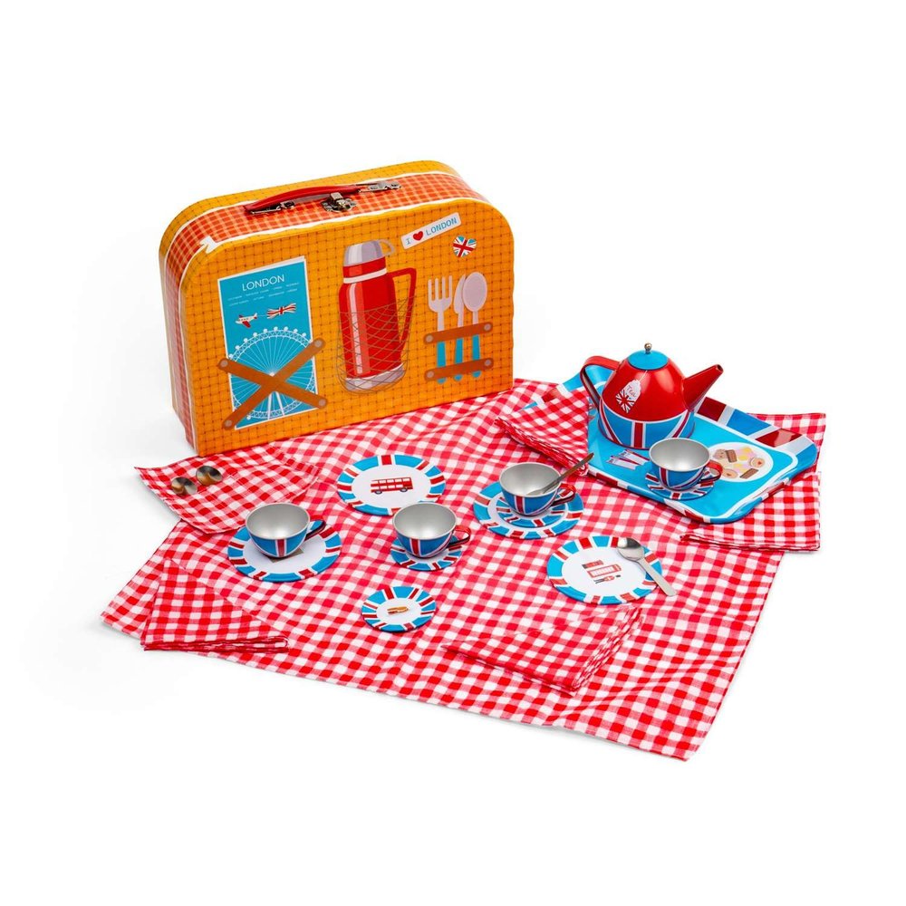 Bigjigs Toys London Tin Tea Set - 24 Piece Kids Picnic Set, Kids Picnic Set, Role Play Toys, Gifts for Kids, Ages 3 and Up