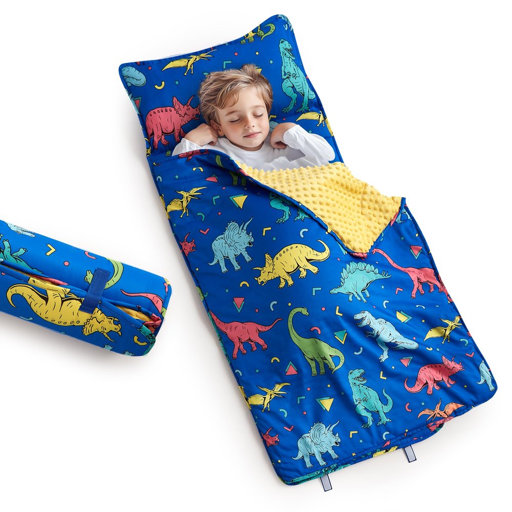 Arianaut Toddler Nap Mat with Pillow and Blanket, Kids Sleeping Bag Mat for Daycare & Preschool, Roll Up Portable Soft Nap Mat for Toddlers, Boys and Girls (Ages 2-7 Years) Blue Dinosaur