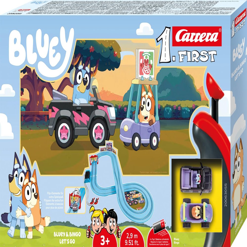 Carrera FIRST 20063055 Bluey Let's Go First Slot Racing Track, for Children from 3 Years and Adults, 2.90 m, with Bluey & Bingo