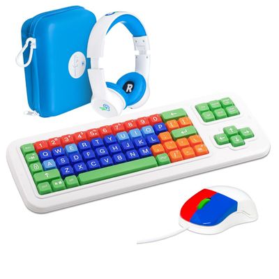 Clevy Home School Learning Bundle - Clevy Kids USB Uppercase Keyboard, Children's Colored Mouse, Hearsafe Headphones - Early Education Bundle