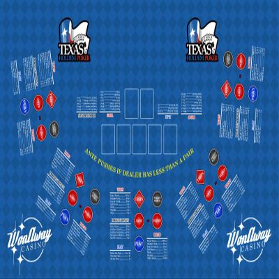 WonAway Casino Texas Hold'em Poker Casino Table Layout, Professional Gaming Mat, Blue Vinyl, 5-Player Positions