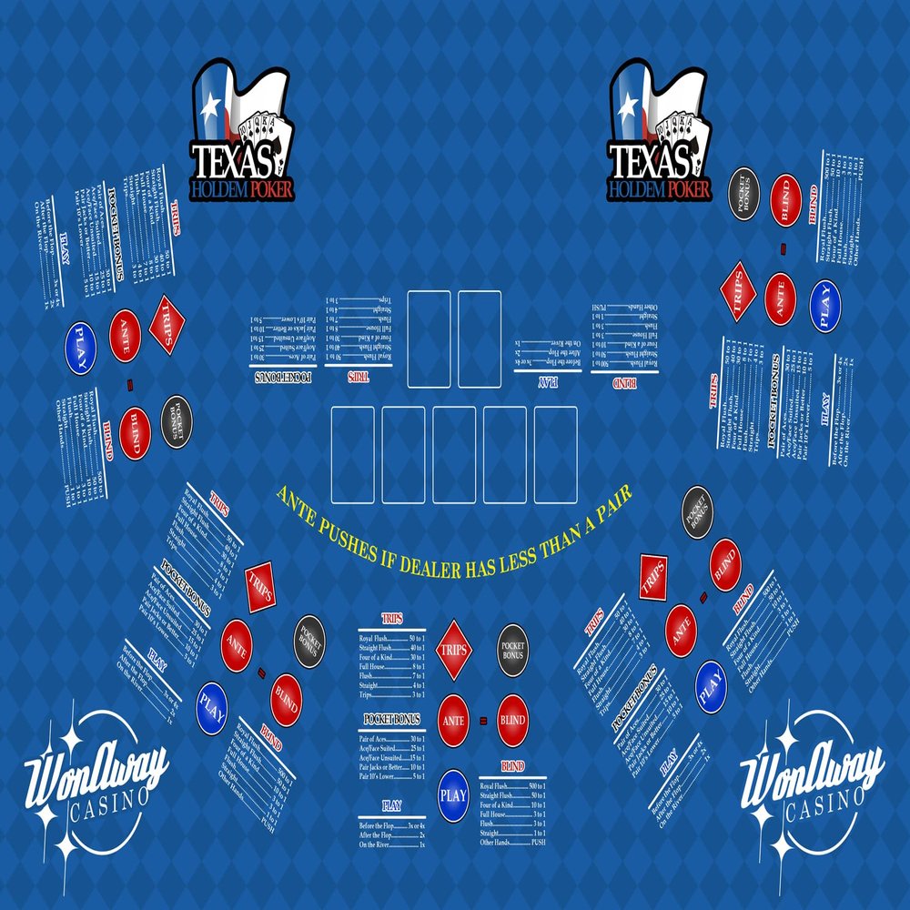 WonAway Casino Texas Hold'em Poker Casino Table Layout, Professional Gaming Mat, Blue Vinyl, 5-Player Positions