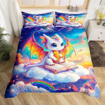 Cartoon Dragon Duvet Cover Set Toddler Size,Glitter Starry Sky Rainbow Bedding Set,Boys Girls Room Decor,Cute Western Animal Reading Book Comforter Cover,Blue White Quilt Cover,1 Pillowcase(No Filler)