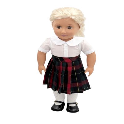 18 inch Doll Outfit-School Plaid Jumper Include Blouse and Hair Accessory/Add on Option: Sock and Shoe (Doll is not Included) (Pleated Skirt,Sock,Matte Black Shoe, Plaid 66)