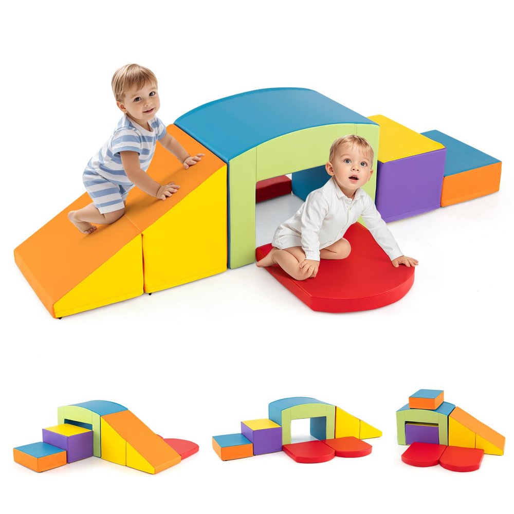 Costzon Toddler Climbing Toys Indoor, 6 PCS Soft Play Equipment with Colorful Tunnel, Stairs & Ramp for 12 Months+ Baby Child Climbing and Crawling, Foam Climbing Blocks for Toddlers