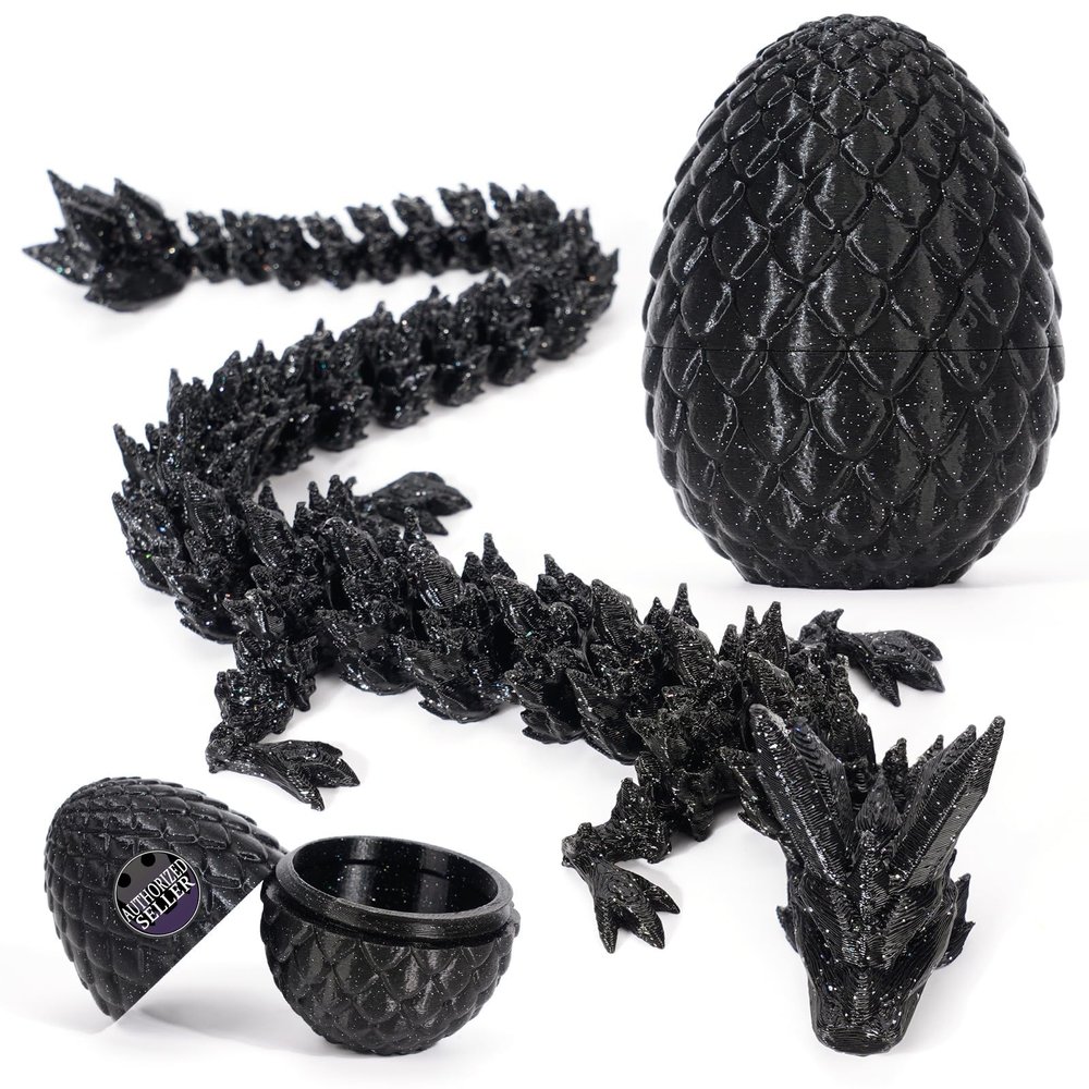 3D Printed Dragon Egg, Mystery Crystal Dragon Fidget Toys Surprise, Easter Eggs Articulated Crystal Dragons (Black Shimmer)