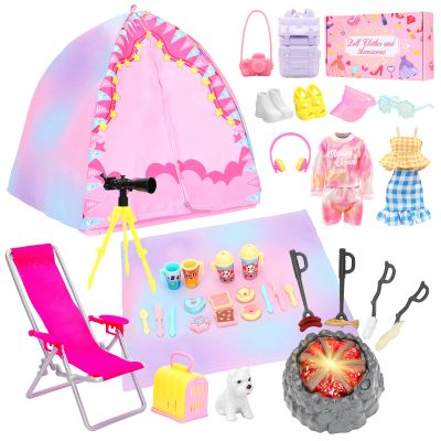 BARWA 35 Pcs Travel Camping Tent Set Include Doll Tent Casual Dress, Outfits, Campfire with Light, Telescope, Backpack, Placemat, Chair, Toy Dog Camping Playset for 11.5 Inch Girl Dolls for Kid