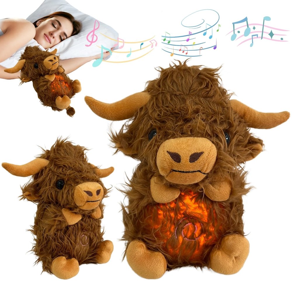 JULIDREAM Anxiety Relief Koala Highland Cow, Breathing Teddy Anxiety Bear with Calming Music, Lights, Sleeping Otter Plush, Soothing Highland Cow for Adults & Kids, Stress Relief Stuffed Animal
