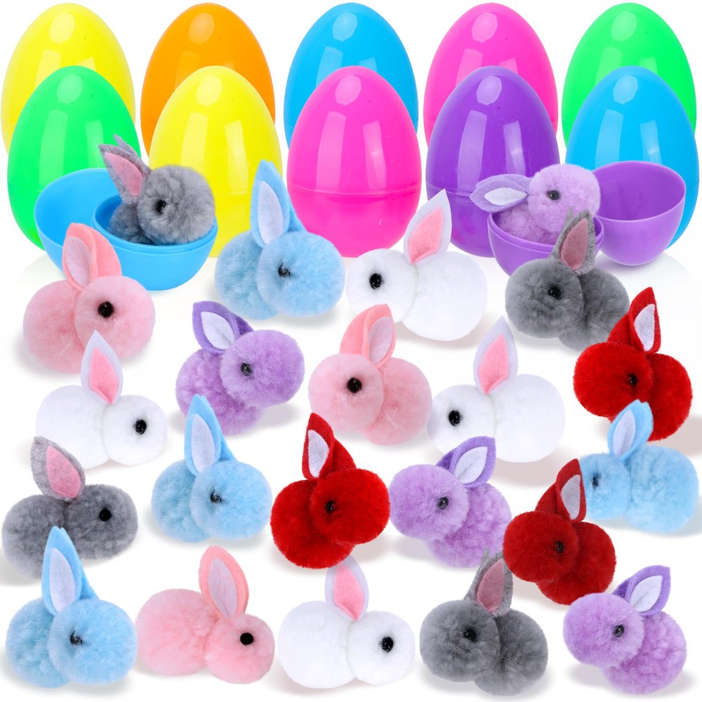 24 Pack Prefilled Easter Eggs With Toys, Plush Bunny Easter Basket Egg Hunt Stuffers, Pre Filled Easter Eggs Fillers for Kids Gifts Party Favors, Goodie Bag Stuffer, Easter Prizes, Pinata Filler