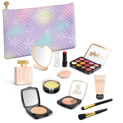 Pretend Makeup Kit for Girls, 12 Pcs Kids Cosmetic Pretend Play Beauty Make Up Set, Not Real Eye Shadow Blush Palette Lipstick with Hand Bag, Beige
