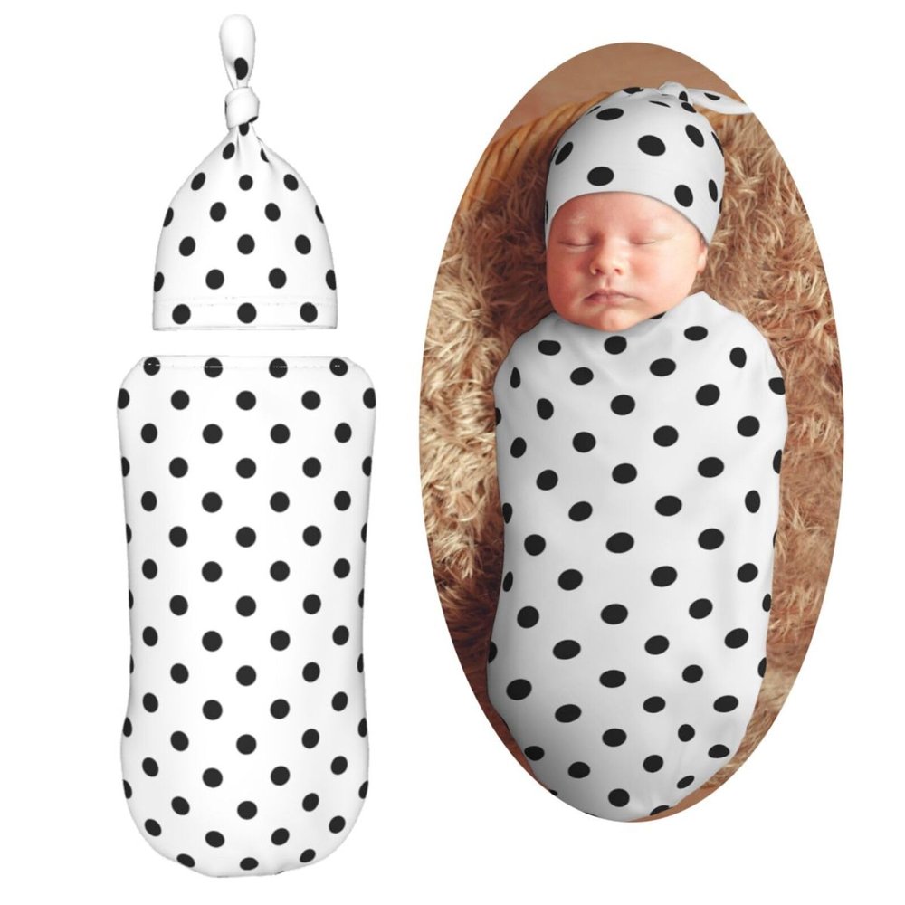Muishi Black Polka Dots Newborn Swaddle Blankets Hat Sets Soft Baby Receiving Blanket Swaddle Sack for Baby Shower Infant Boy Girl Gift