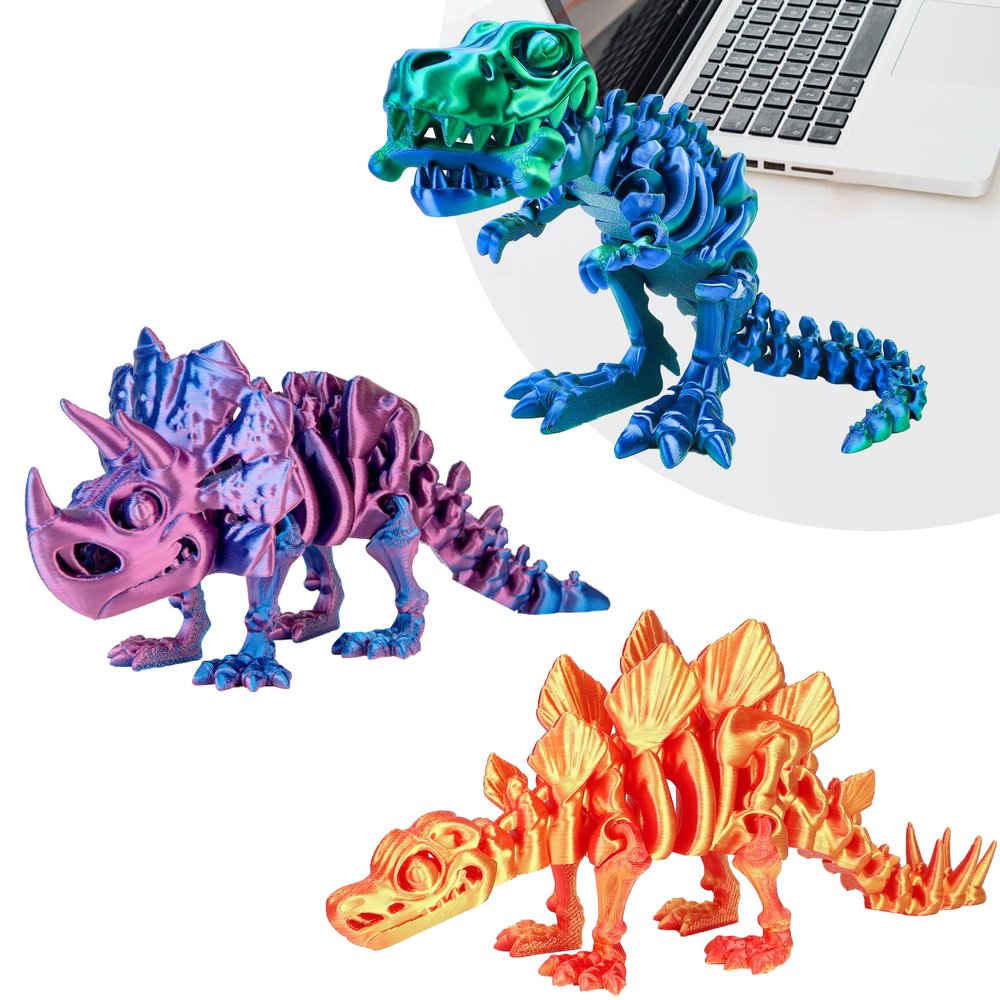 WQXWNFBA 3PCS 3D Printed Dinosaur Skeletons, 3D Printed Dragon Animals Toys, T-Rex Triceratops Stegosaurus Fidget Toys Adults Desk, Poseable with Articulated Joints, Home Decor, Stress Relief Toy