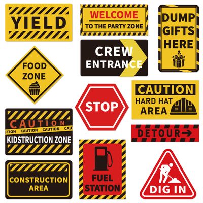 12 Pcs Construction Party Decor Sign, Building Sign Party Decoration, Craft Building Theme Party Signs, Warning Traffic Road Area Signs, Boys Kids Birthday Building Party Supplies