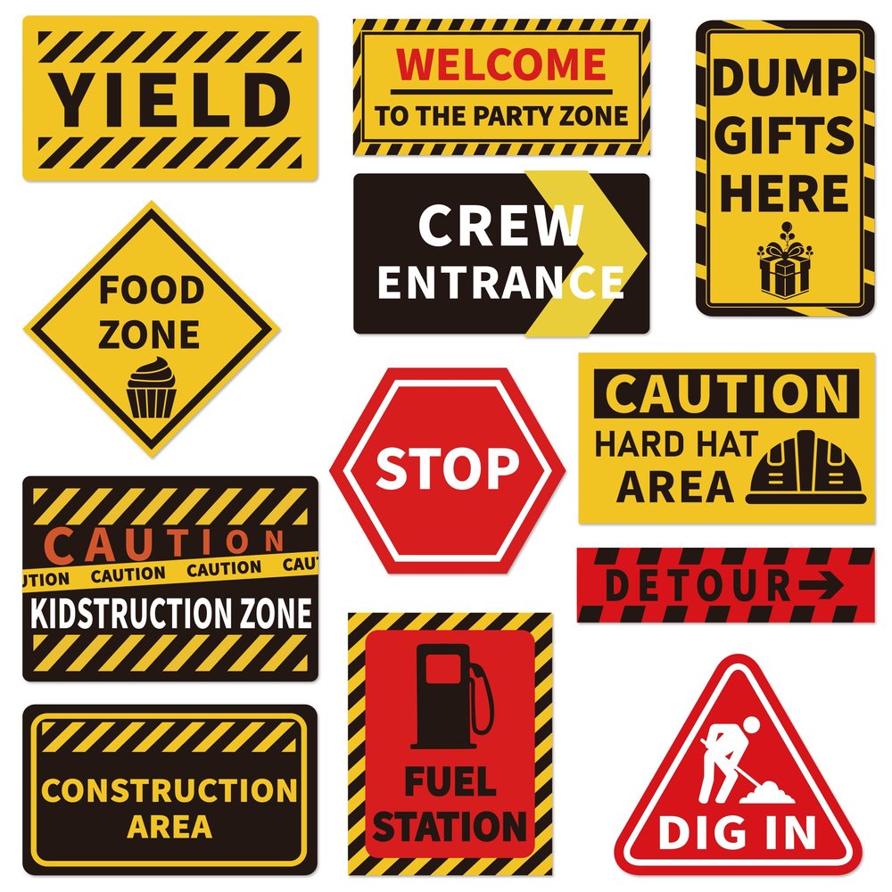 12 Pcs Construction Party Decor Sign, Building Sign Party Decoration, Craft Building Theme Party Signs, Warning Traffic Road Area Signs, Boys Kids Birthday Building Party Supplies
