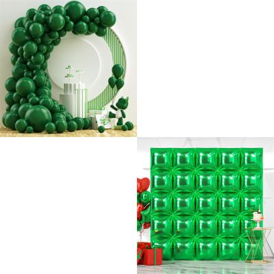 102PCS Dark Green Latex Balloon Arch Kit and 25PCS Green Square Foil Balloons Wall Backdrop