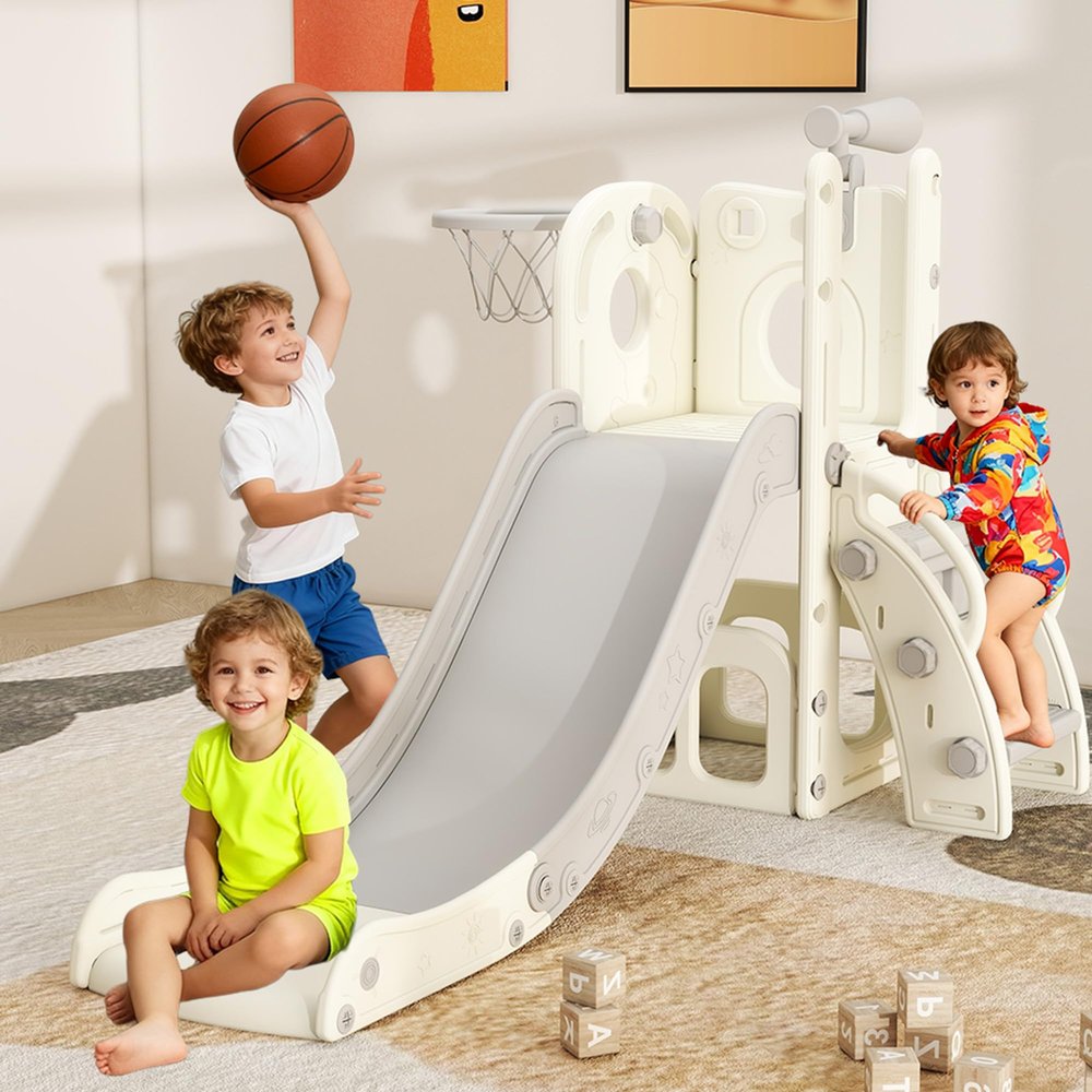 6 in 1 Toddler Slide, Kids Slider for 1-3, Indoor Outdoor Playset Playground with Basketball Hoop, Storage, Climber and Telescope, Great Gift for Baby & Child, Grey and White