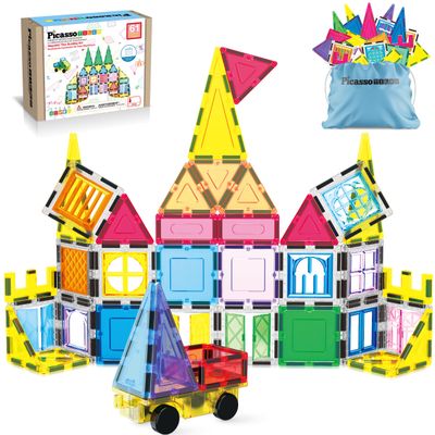 PicassoTiles Magnetic Tiles 61 Piece Magnet Tile Building Blocks Construction Sensory Toy Set with Carry Bag Storage Bin Container STEM Toddler Learning Educational Pretend Play Boy Girl Ages 3+ PT07