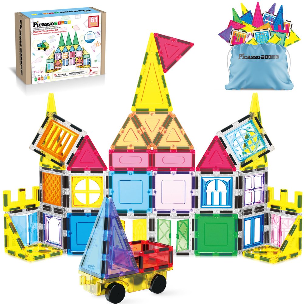 PicassoTiles Magnetic Tiles 61 Piece Magnet Tile Building Blocks Construction Sensory Toy Set with Carry Bag Storage Bin Container STEM Toddler Learning Educational Pretend Play Boy Girl Ages 3+ PT07