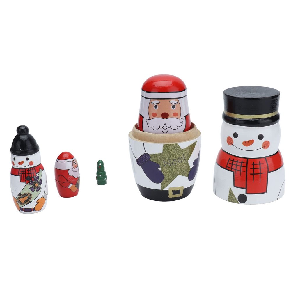 SASKATE 5 Glossy Round Christmas Nesting Dolls Attractive Ornaments with Snowman, Father Christmas, and Christmas Tree, Handmade Festive Gift Holders for Home Decor