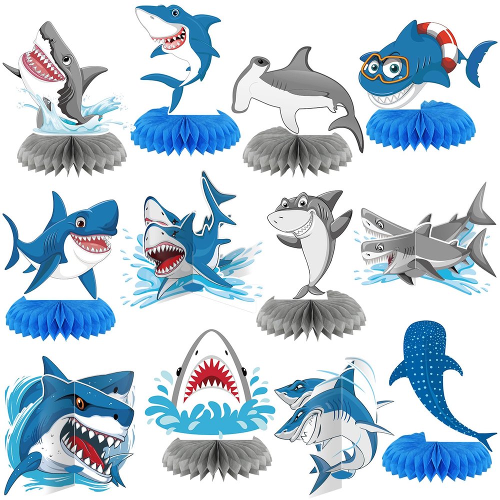12 Pcs Summer Shark Birthday Party Decoration Shark Honeycomb Centerpiece Table Topper Ocean Table Centerpiece Under the Sea Theme Table Decoration for Ocean Theme Party Favors