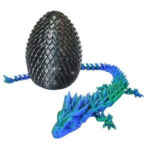 Amerimaker 20" Articulated 3D Printed Dragon Color-Changing Fidget Figurine, Mythical Figure, Made in USA, 3D Printed Toys - Valentines Day Gift for Boys and Girls (Blue/Green with Black Egg)