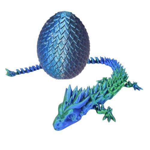 20" Articulated 3 Dimensional Printed Dragon  Color-Changing Figurine, Desktop Toy, Mythical Dragon Figure, Made in USA, 3D printed - Valentines Day gift for Boys and Girls (Blue/Green With Blue Egg)