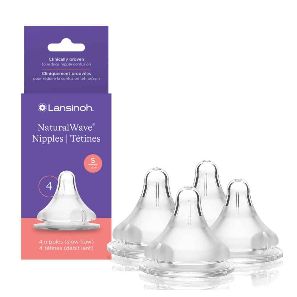 Lansinoh NaturalWave Baby Bottle Nipples, Slow Flow, Size S,1+ Month, 4 Count 100% Soft, Durable Silicone, Made Without BPA BPS, Anti-Colic, Supports Babys Developing Mouth and Teeth