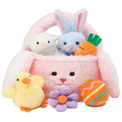 7 Piece Plush Stuffed Animals Playset Toys with Rabbit, Chick, Lamb, Carrot, Egg, Flower, Furry Bag, Soft Basket Set Toys for Girls Kids Ages 3+, Birthday Christmas Valentines Easter Party Favors